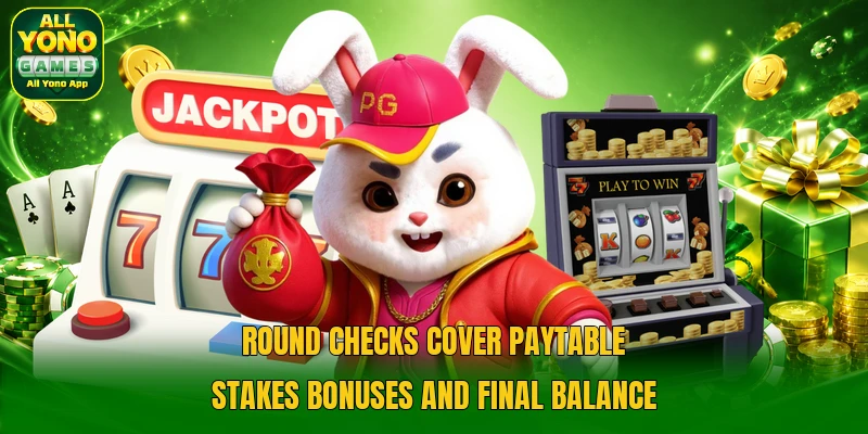Round checks cover paytable stakes bonuses and final balance Round checks cover paytable stakes bonuses and final balance